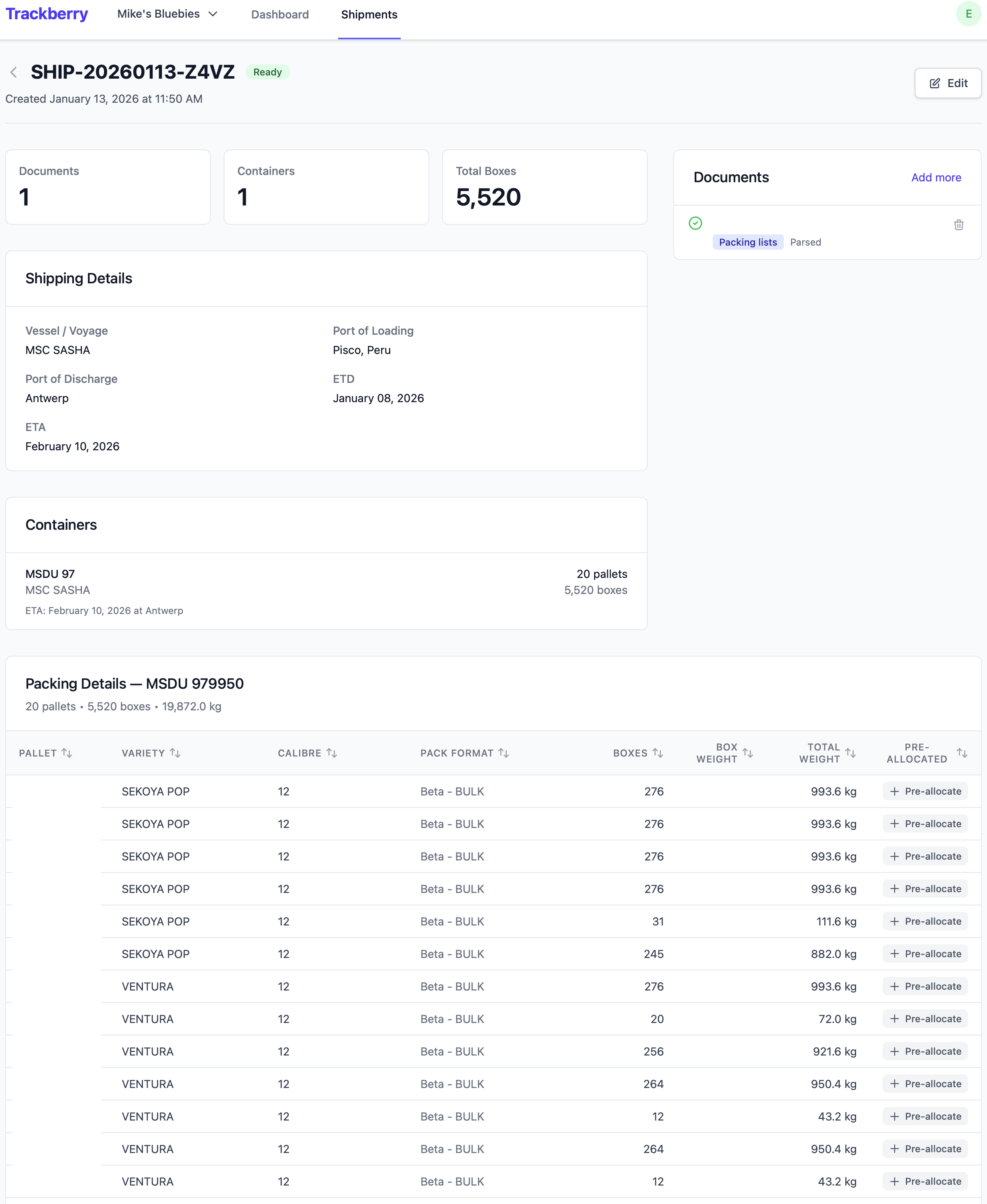 TrackBerry shipment management interface