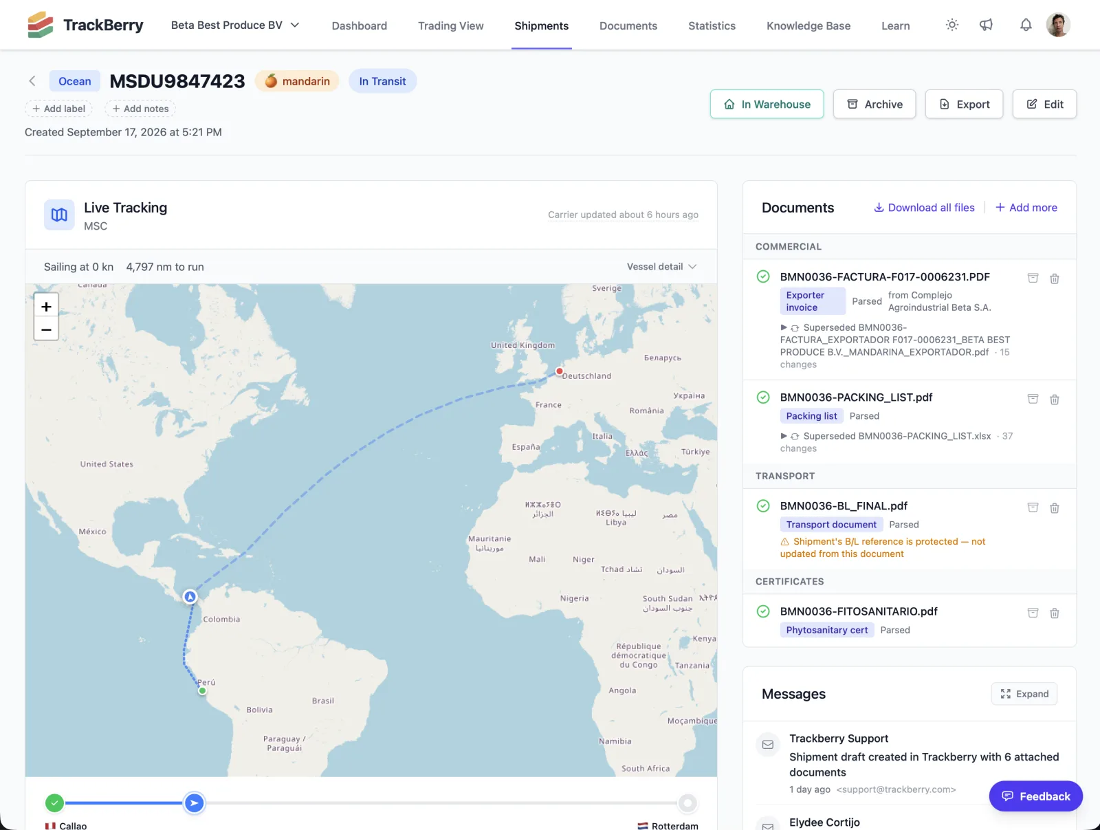 A TrackBerry shipment, with live tracking and its documents